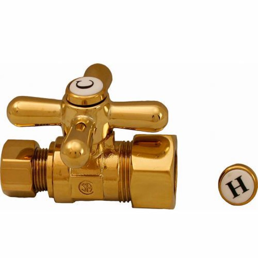 Valves * | Jones Stephens 1/4 Turn Straight Stop Valve W/ Cross Handle, Polished Brass, 5/8"Od Comp X 3/8"Od